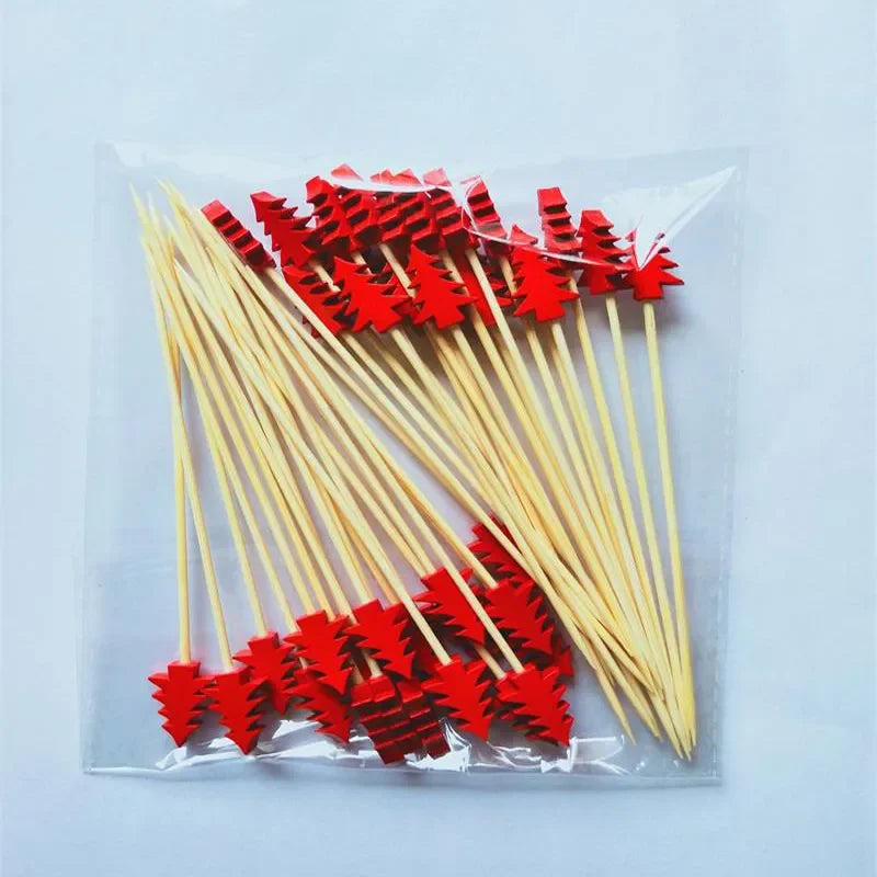 Christmas Cake & Fruit Sticks – 50Pcs Bamboo Snowflake Santa Tree Decorations