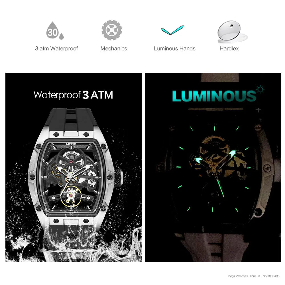 MEGIR 2242 Herrklocka – Automatisk, Skeleton Dial, Rostfritt Stål & Sportstil