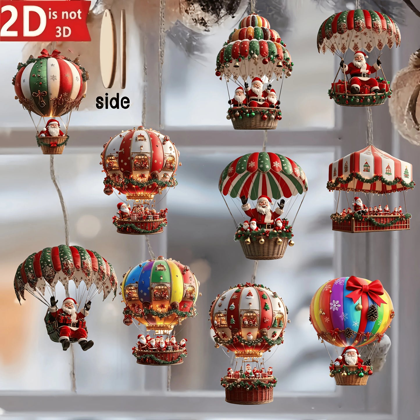 Santa Claus Wooden Ornaments – 10Pcs 2D Hot Air Balloon Christmas Tree Decorations