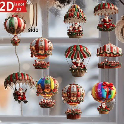 Santa Claus Wooden Ornaments – 10Pcs 2D Hot Air Balloon Christmas Tree Decorations