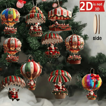 Santa Claus Wooden Ornaments – 10Pcs 2D Hot Air Balloon Christmas Tree Decorations
