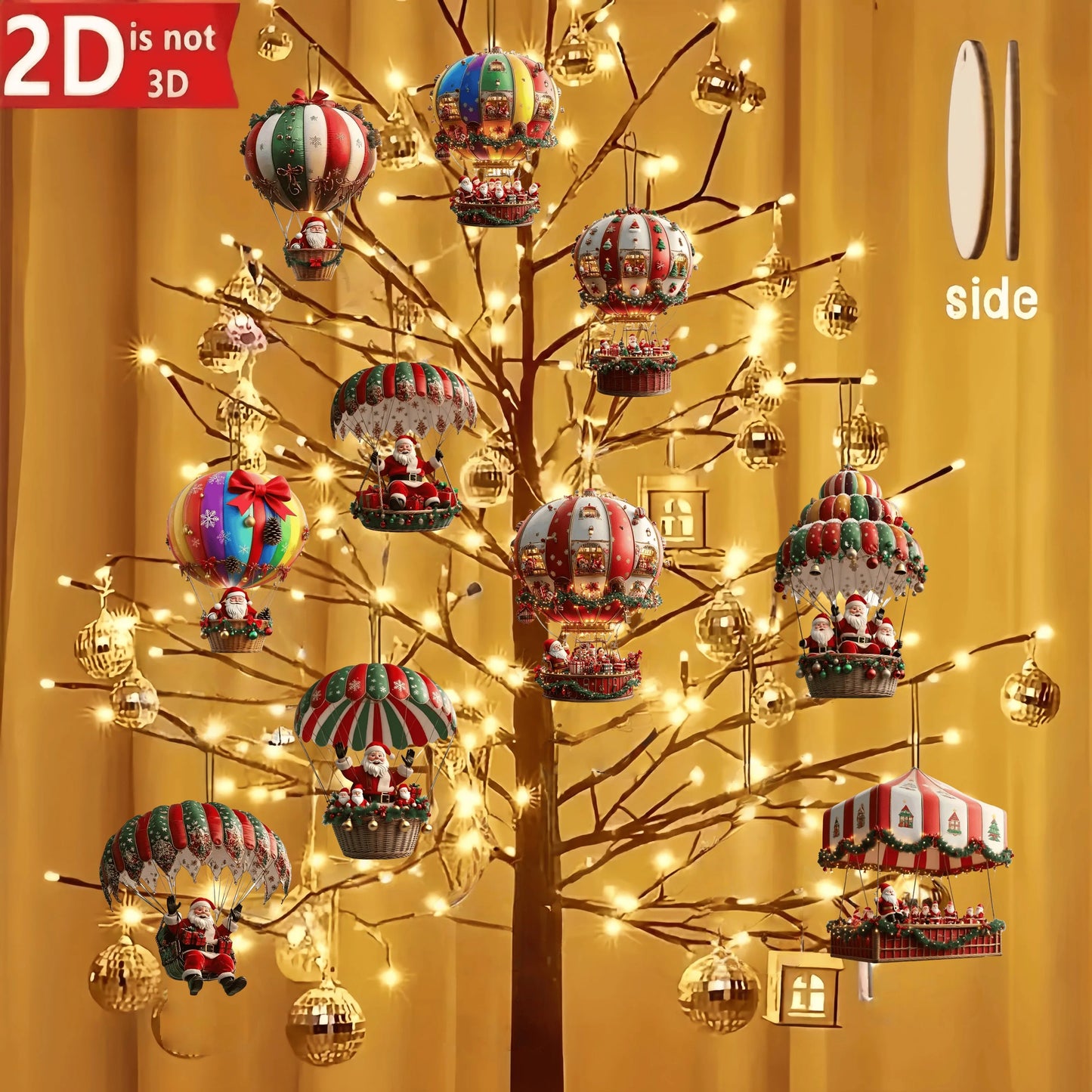 Santa Claus Wooden Ornaments – 10Pcs 2D Hot Air Balloon Christmas Tree Decorations