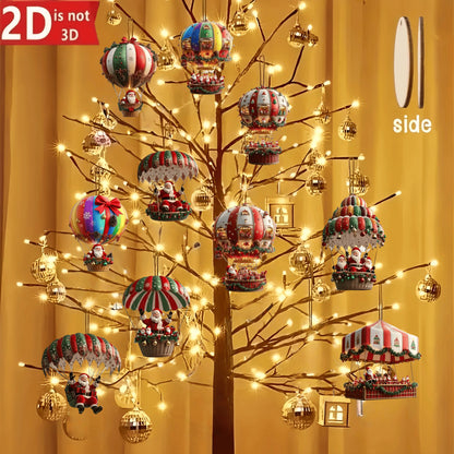 Santa Claus Wooden Ornaments – 10Pcs 2D Hot Air Balloon Christmas Tree Decorations