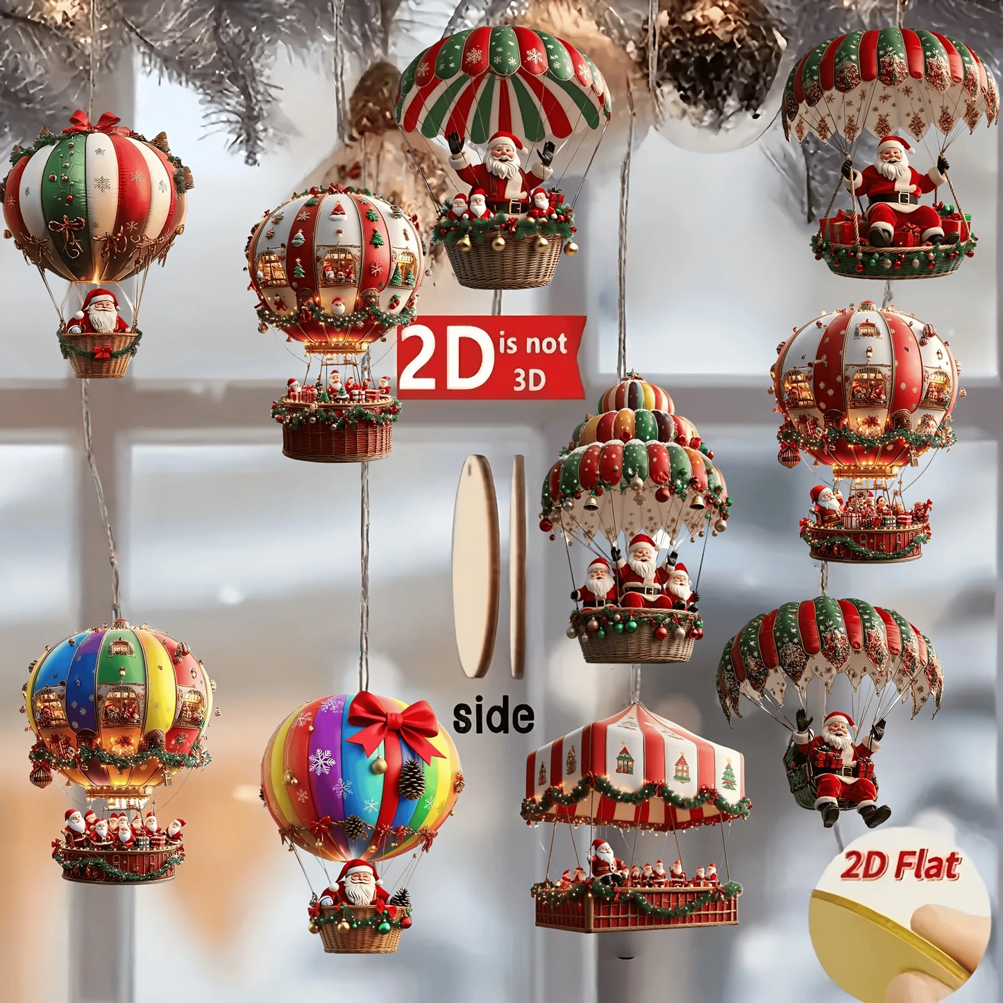Santa Claus Wooden Ornaments – 10Pcs 2D Hot Air Balloon Christmas Tree Decorations