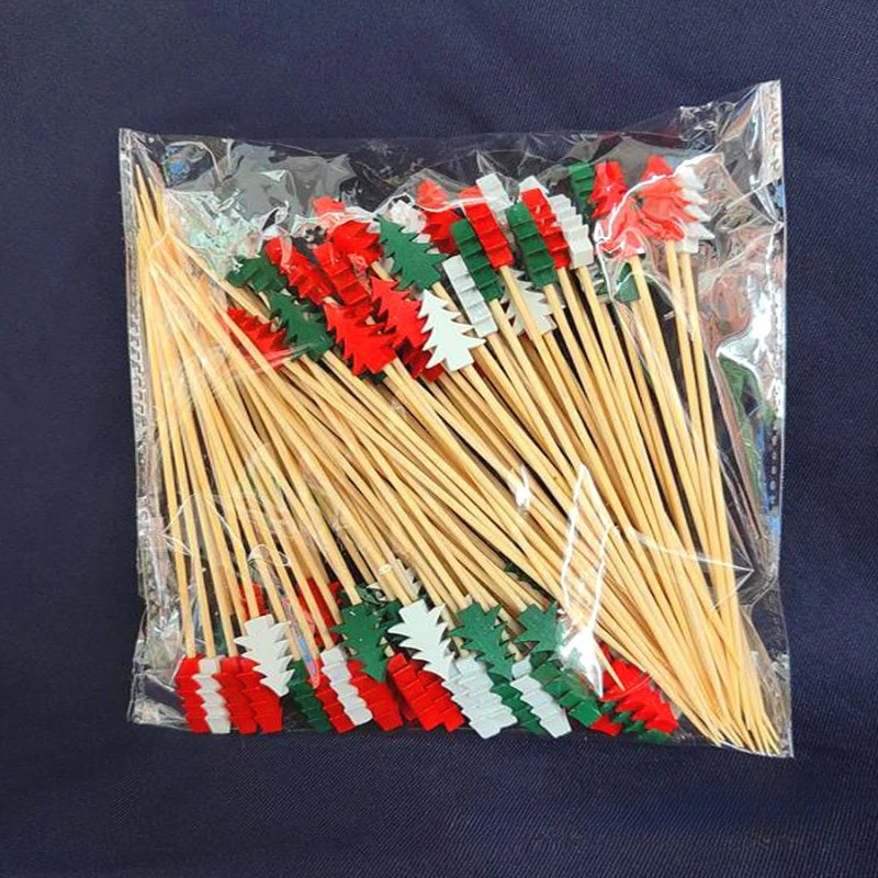 Christmas Cake & Fruit Sticks – 50Pcs Bamboo Snowflake Santa Tree Decorations
