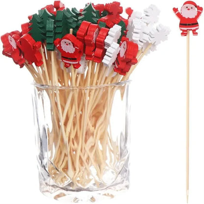 Christmas Cake & Fruit Sticks – 50Pcs Bamboo Snowflake Santa Tree Decorations