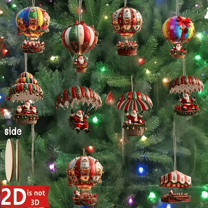 Santa Claus Wooden Ornaments – 10Pcs 2D Hot Air Balloon Christmas Tree Decorations