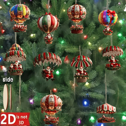 Santa Claus Wooden Ornaments – 10Pcs 2D Hot Air Balloon Christmas Tree Decorations