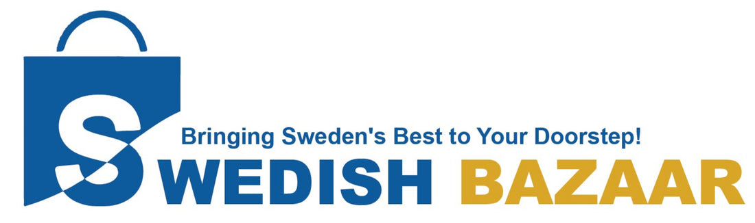 Logo of Swedish Bazaar with a blue shopping bag icon and text on a white background